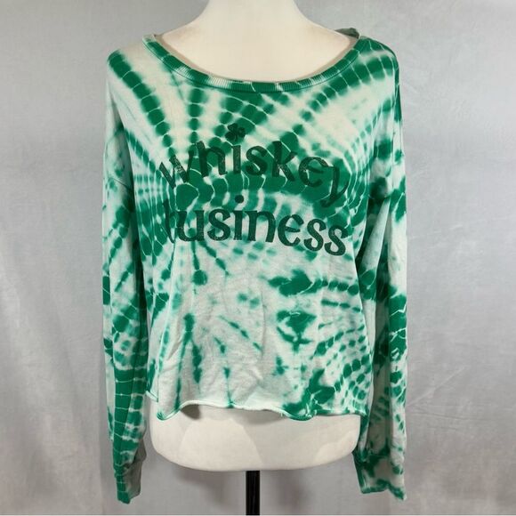Green and white tie dye “Whiskey Business” long sleeve knit top size medium - Picture 1 of 5